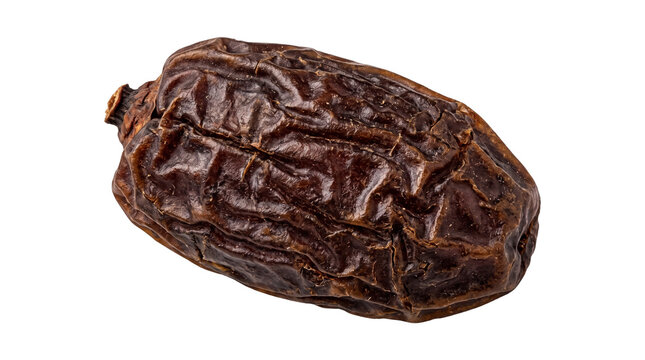 Single dried brown date fruit isolated on a white background showing a wrinkled organic texture