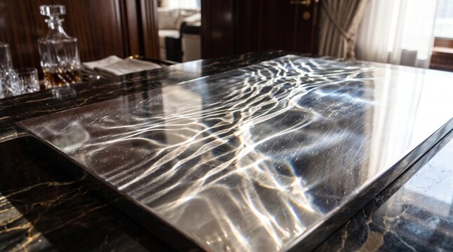 Reflections on a Polished Surface: The intricate play of light and shadow dances across a highly polished, dark marble countertop, creating a mesmerizing pattern of liquid-like reflections.