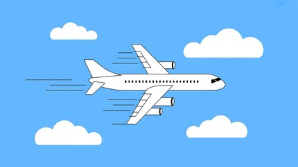 Naklejka premium A Minimalist Illustration Of A Commercial Airplane Flying Through A Bright Blue Sky With Fluffy White Clouds