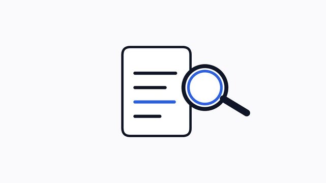 Minimalist vector icon of a document being examined with a magnifying glass.