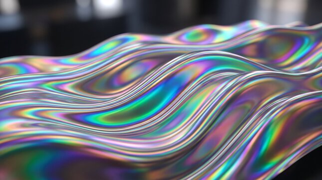 Iridescent Waves of Liquid Metal: Abstract, flowing surface with shimmering, iridescent colors like a liquid rainbow, creating a futuristic and hypnotic visual.