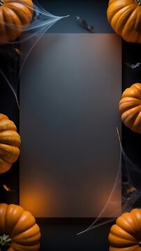 Orange pumpkins with spider webs and bats framing a central vertical blank copy space for halloween themes