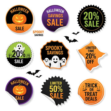 Set of Halloween sale stickers and badges with spooky discounts
