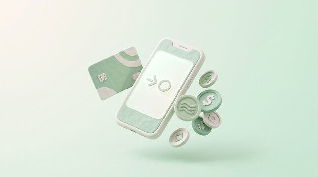 Digital Wallet and Payment: A smartphone displays a digital wallet interface, surrounded by floating coins and a credit card, representing modern financial transactions.