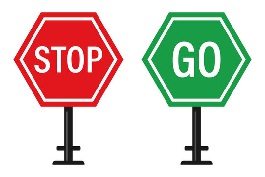 Hexagonal red stop sign and green go traffic flat signpost for traffic control and road safety regulation