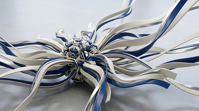 Abstract three dimensional ribbon structure with blue and white color contrast design transparent background