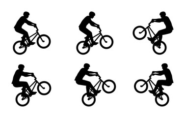 Fototapeta premium BMX Rider Silhouettes, Bicycle Tricks Collection, Extreme Sports Action Vector Set