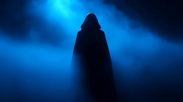Cloaked figure stands in dense blue fog with dramatic backlighting. Horror film promotion, fantasy trailer, and thriller title sequence.