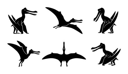 Pterodactyl Silhouettes, Flying Dinosaur Icons, Prehistoric Reptile Vector Set © Iqbal