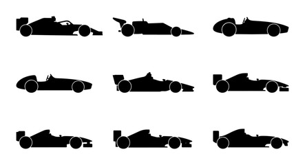 Obraz premium Formula 1 Racing Cars Silhouette Collection: Speed, Motorsport Icons, Vector Set