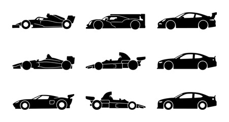 Obraz premium Set of 9 Black Silhouette Sports Cars and Race Cars, Vector Icons for Automotive and Speed Themes
