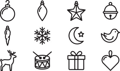Naklejka premium Christmas tree decorations and ornaments vector icons set with outline style including baubles, star, bell, reindeer, gift box, and festive elements.