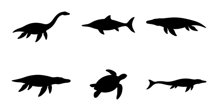 Marine Life Silhouettes: Dinosaur, Shark, Turtle, Plesiosaur, Ichthyosaur, Mosasaur Icons