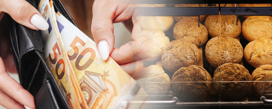 Euro banknotes beside fresh bread rolls background. Household food budget and bakery products. Bread prices grocery expenses inflation cost of living consumer spending and everyday finance concept.