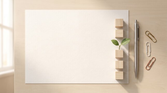 Minimal business flat lay with blank paper, wooden blocks and plant growing. Symbol of growth and strategy. Useful for planning and presentation.