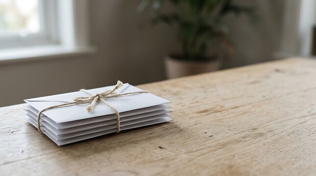 A stack of white envelope stationery tied with rustic twine resting on a textured wooden table in a home workspace