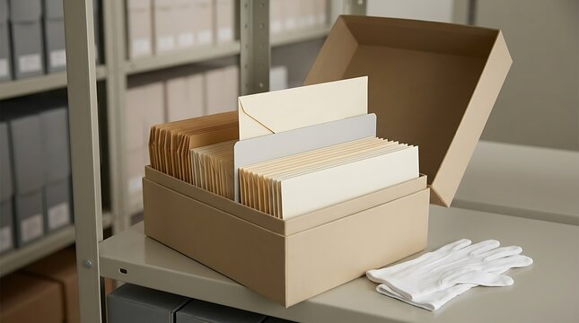 A high-angle view of a cardboard storage box filled with assorted paper envelope stationery in an archival setting