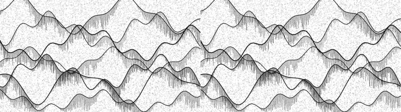Overlapping black sine waves with fine vertical lines over transparent background and white surface.