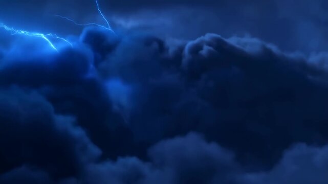 Storm clouds billow across a dark sky as blue lightning flashes through the atmosphere. Weather programming, storm warning graphics, and disaster awareness media.