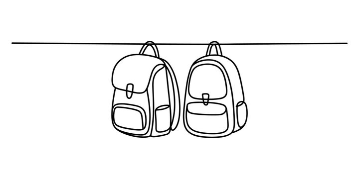 Two school backpacks hanging on a line in a simple continuous line drawing style