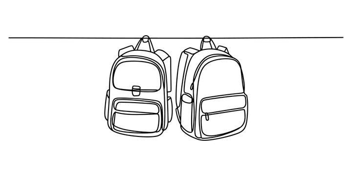 Two school backpacks hanging on a line in a simple continuous line drawing style
