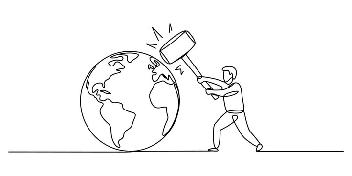 Continuous line drawing of a person hitting the earth globe with a large hammer