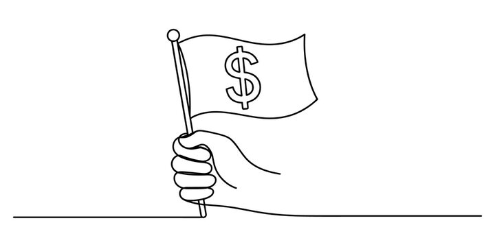Continuous line drawing of a hand holding a flag with a dollar sign symbol