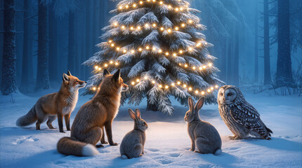 Fototapeta premium Forest animals gathered around illuminated Christmas tree in snowy woods. Red foxes, rabbits, and owl observing glowing holiday lights during winter night.