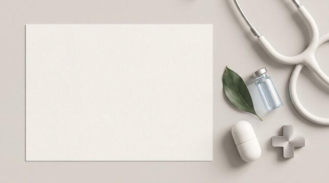 Medical flat lay with stethoscope, pill, vial and green leaf on blank paper. Symbol of healthcare and wellness. Useful for clinic, pharmacy and hospital.