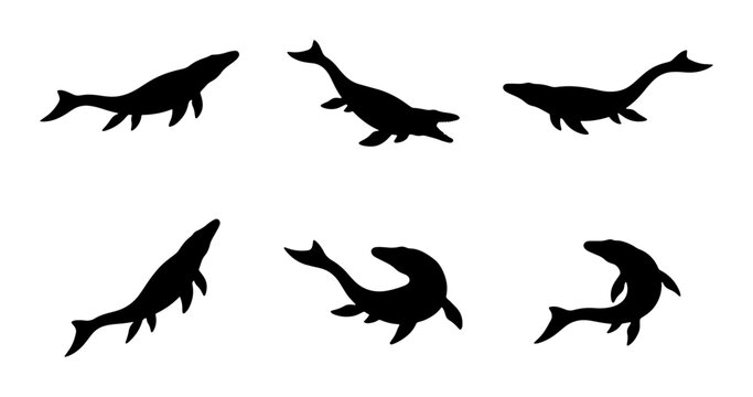 Prehistoric Marine Reptile Silhouettes, Plesiosaur Vector Icons, Ancient Sea Creature Graphics