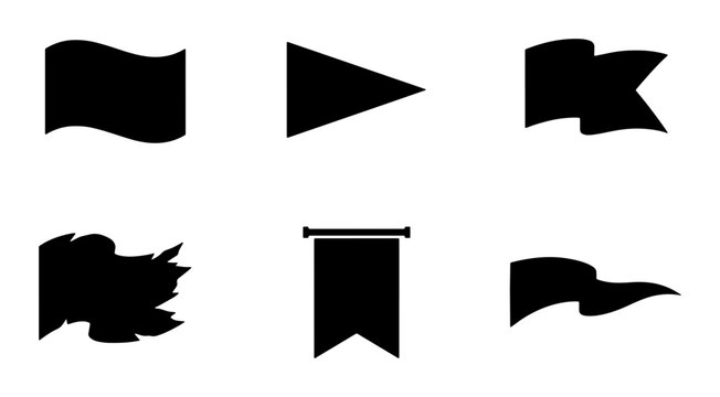 Set of 6 Black Flag Icons, Pennant & Banner Silhouettes for Design