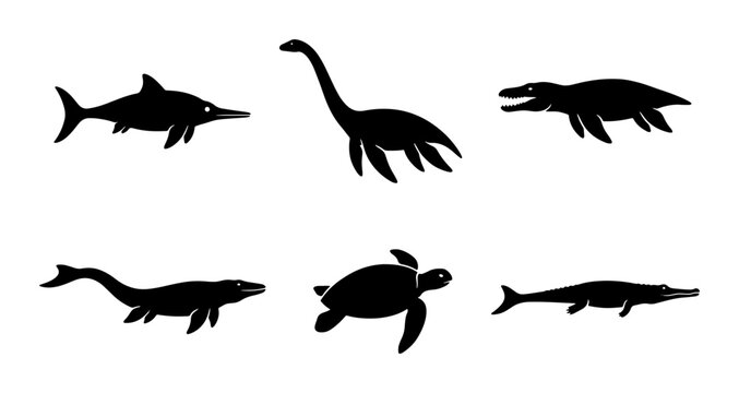 Prehistoric Marine Reptiles Vector Icons, Ancient Sea Creatures Silhouettes, Extinct Aquatic Animals Collection