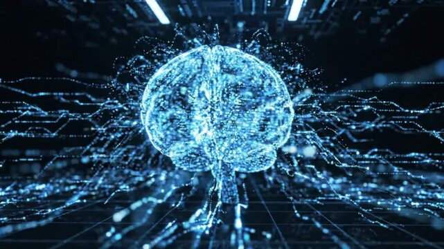Digital brain model emitting glowing blue light particles