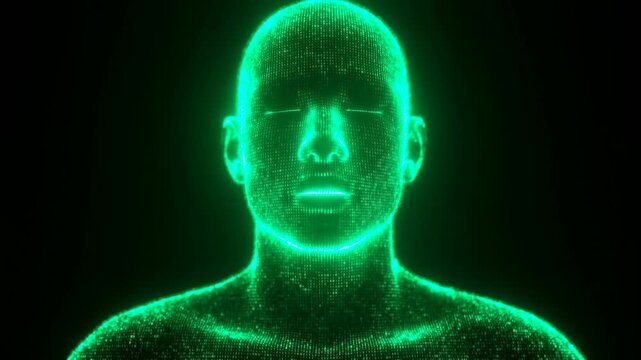 Glowing digital human portrait with subtle facial animation in a dark wireframe space. Technology presentations, artificial intelligence campaigns, and digital identity projects.