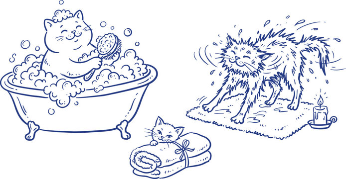 Cute Hand Drawn Cat Bath Time Vector Set with Funny Kitten Grooming in Bathtub Washing Shaking Dry and Wrapped in Towel Illustration