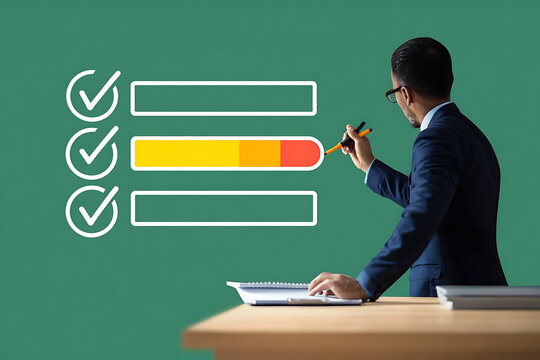 Project progress monitoring and checklist concept with businessman completing tasks