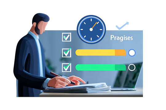 Project progress monitoring and checklist concept with businessman completing tasks
