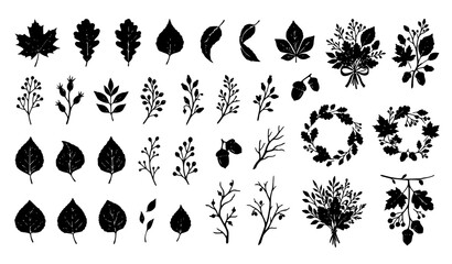 Obraz premium Black Autumn Leaf and Berry Silhouette Set for Stamps Stickers and Prints