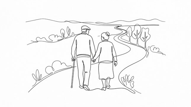 Minimalist continuous line art of senior couple holding hands and walking on a path in nature isolated on white
