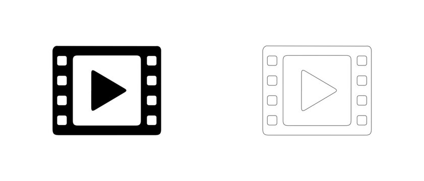 Film strip frame with play button vector icon filled and outline, video player and movie clip symbol.