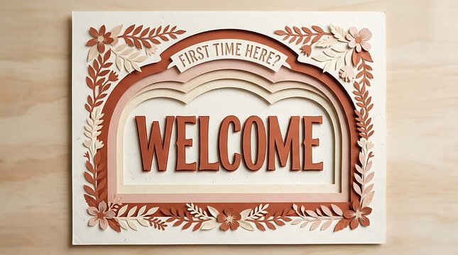 First time here greeting sign with paper cut style art featuring floral decorations and a warm rustic design aesthetic