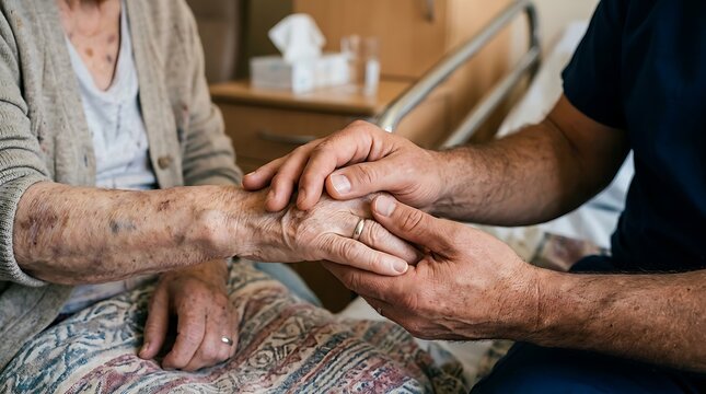 Caring hands gently holding elderly patient's arm in hospital room