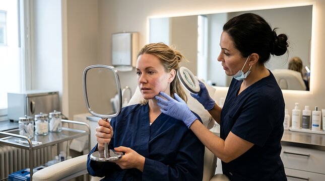 Cosmetic professional examining client's face in clinic with mirror