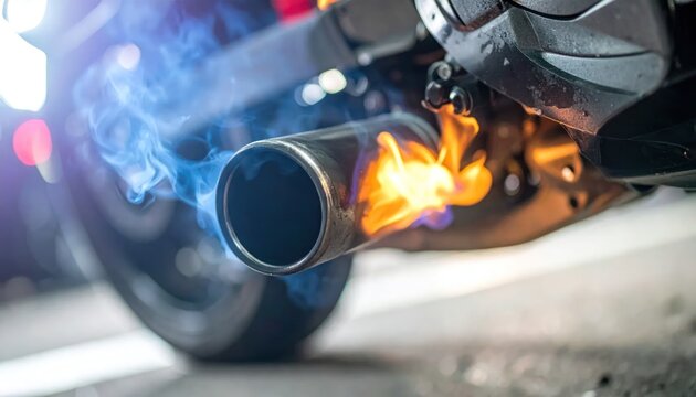 Motorcycle Exhaust Pipe Emitting Flames and Smoke Up Close.