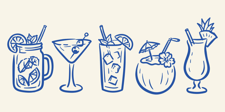 Hand drawn tropical summer cocktails doodle set with coconut martini and lemonade