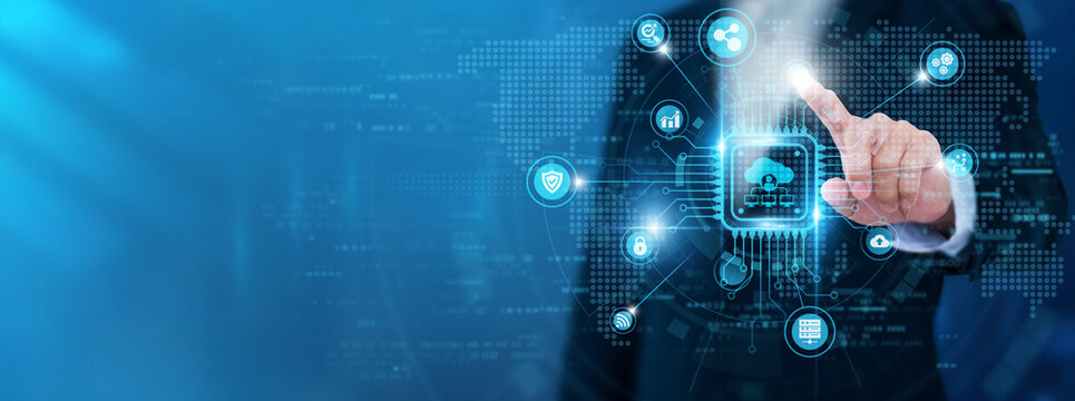 Businessman touching Network administration and networking data. Network monitoring, system management, server maintenance, connectivity, infrastructure security.