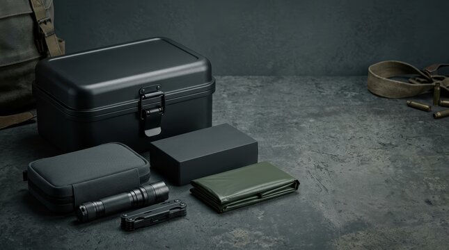 Minimalist Survival Gear and Blank Emergency Packaging Mockup with Flashlight and Multitool in a Dark Cinematic Setting