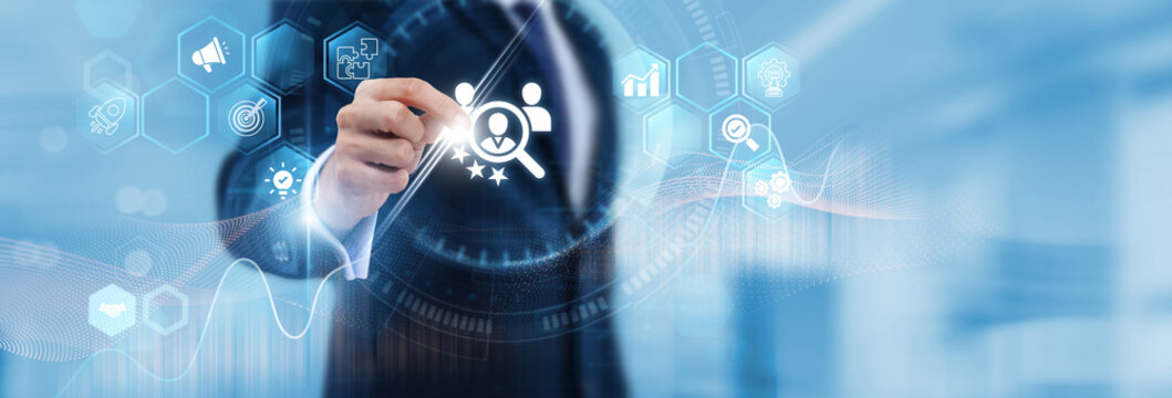 HR Manager Hand Hold Human Resources and employee data. Talent management, recruitment, workforce planning, employee engagement, performance management, workplace development.