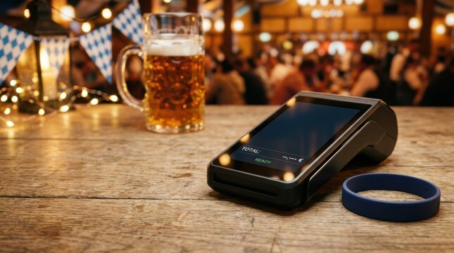 Contactless POS terminal and NFC wristband on a rustic wooden table at Oktoberfest festival with copy space and a blurred traditional beer stein.