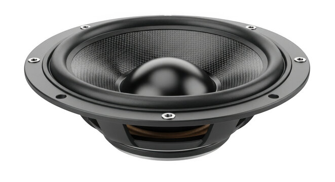 Subwoofer speaker driver with textured cone during studio lighting isolated on transparent background